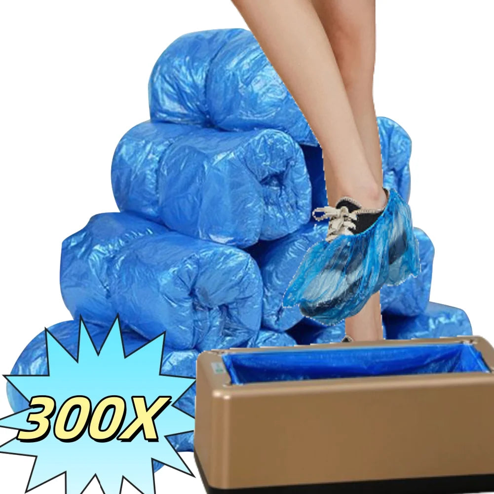 300-100Pcs Portable Shoe Cover Disposable Shoe Covers with T-shaped buckles Hand-Free PE Blue Shoe Cover for Rainy Floor