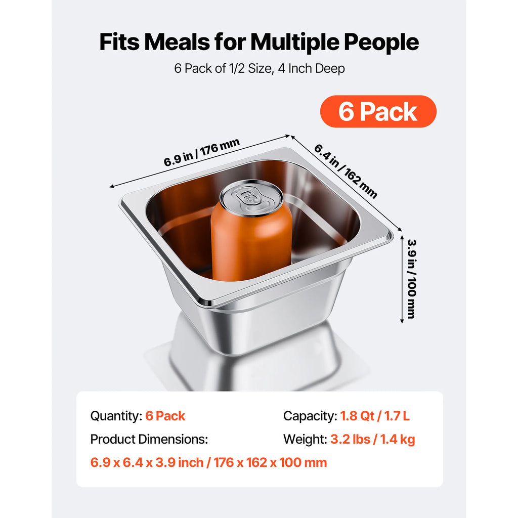 SucceBuy 6 Pack Stainless Steam Hotel Pans 4 In Deep Anti Jam Restaurant Supplies Reusable Rustproof Catering Storage for Buffet