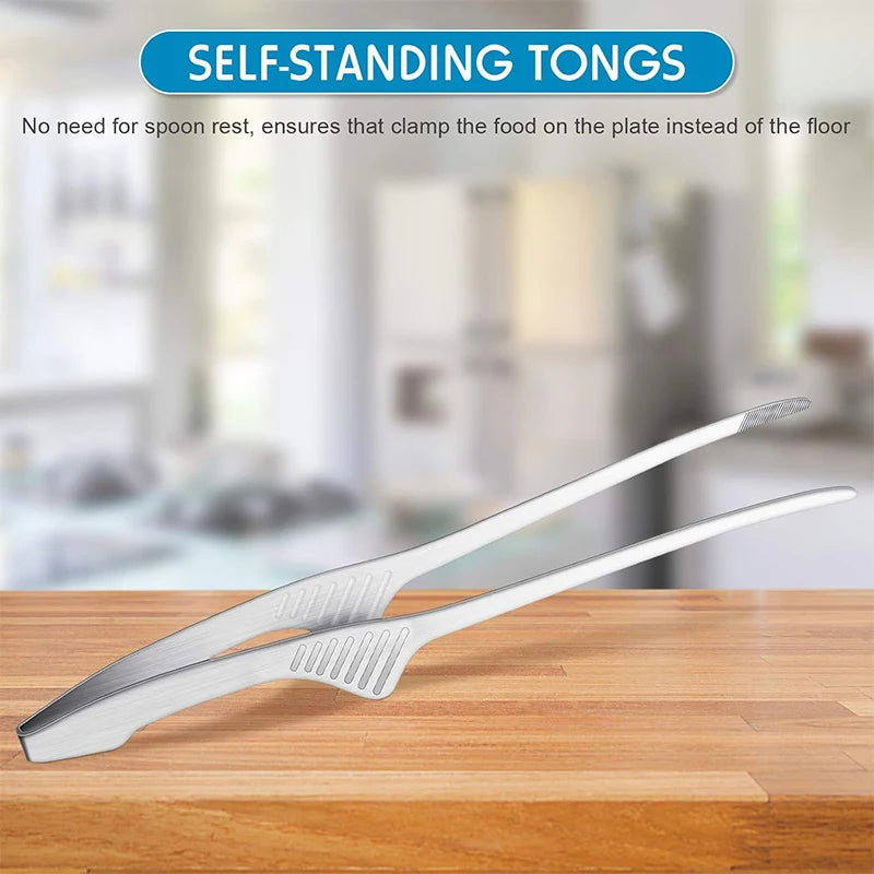 LMETJMA Stainless Steel Grill Tongs Patelai Korean and Japanese BBQ Tongs Non Slip Food Tongs Kitchen Self-Standing Tongs JT502