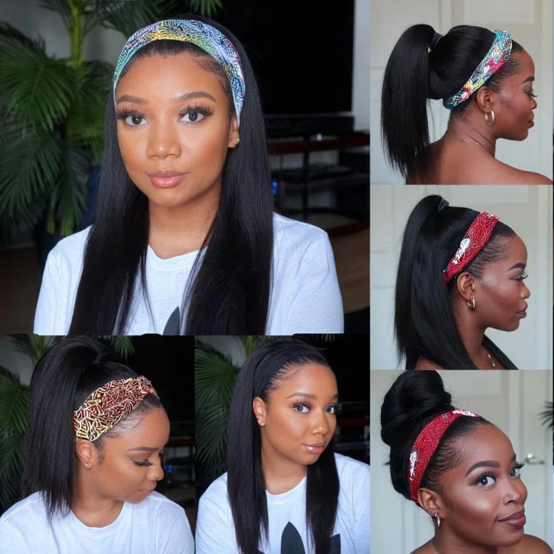 Long Straight Headband Wig 28 Inch Synthetic Headband Wigs For Women Glueless None Lace Front Wig Black Color