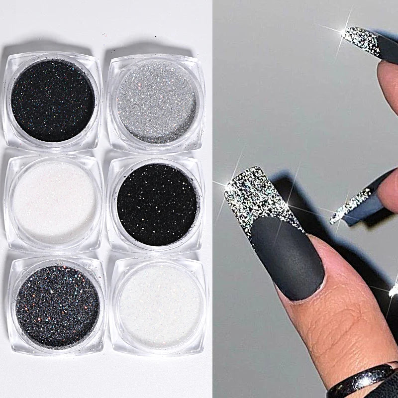6pcs Nail Polish Glitter Fine Sand Holographic Glitter Powder Black White Reflective Pigment Flakes Powder Manicure Accessories