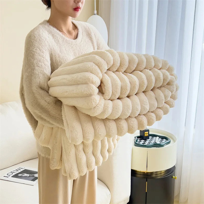 Warm Cozy Rabbit Fleece Throw Blanket Multi-Functional Soft Blanket for Office Sofa Car Nap