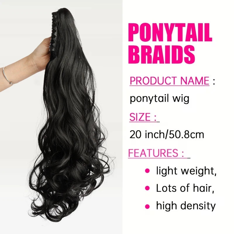 20Inch Synthetic Long Wavy Curly Ponytail Hair Extension Claw Clip in Elegant Volume Fulffy Hairpiece for Women