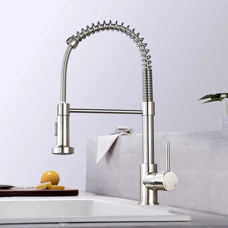 US Ship Spring Pull Down Kitchen Faucet Cold and Hot Water Tap Stainless Steel Stream Spray Sink Faucet Rotate Kitchen Mixer Tap