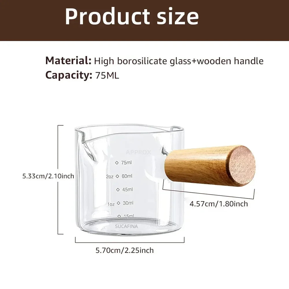 Kitchen Mug Coffee Supplies Glass Measuring Cup With Wood Handle Double Single Mouth 75ml Creativity Espresso Heat Resists Clear