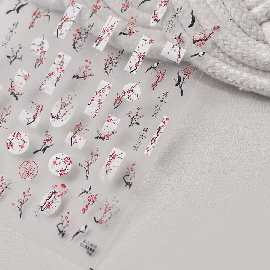 2pcs 5D Kawaii Plum Blossom Nail Stickers Fashion Chinese Flower Nail Art Decoration Self-Adhesive Decals DIY Slider Accessories