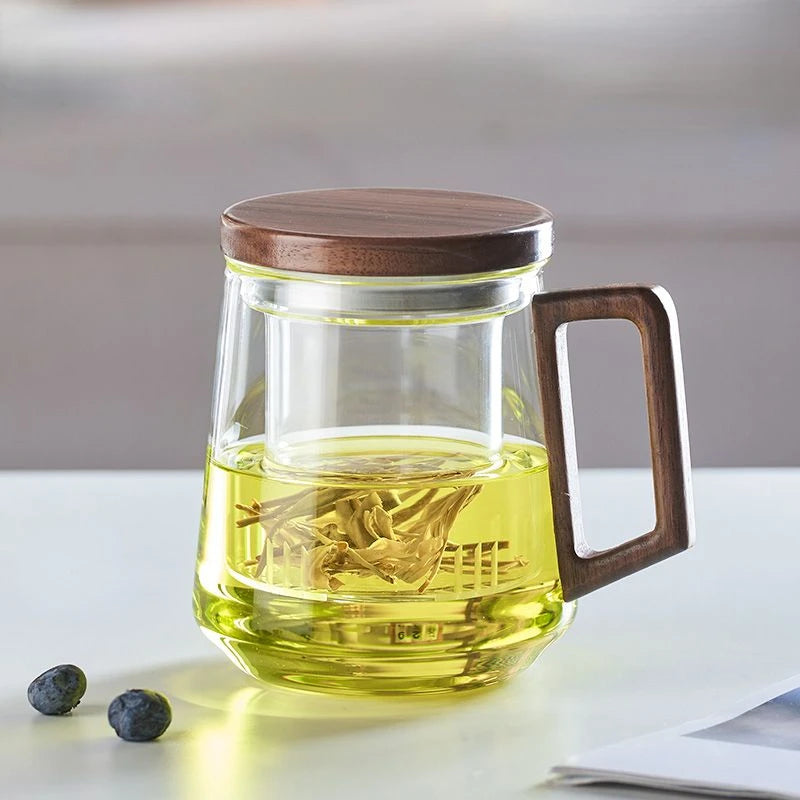 Clear Teacup with Filter, Heat-Resistant Glass Boiling Tea Cup, Office Mugs, Drinkware with Infuser, Teaware, Wood Handle