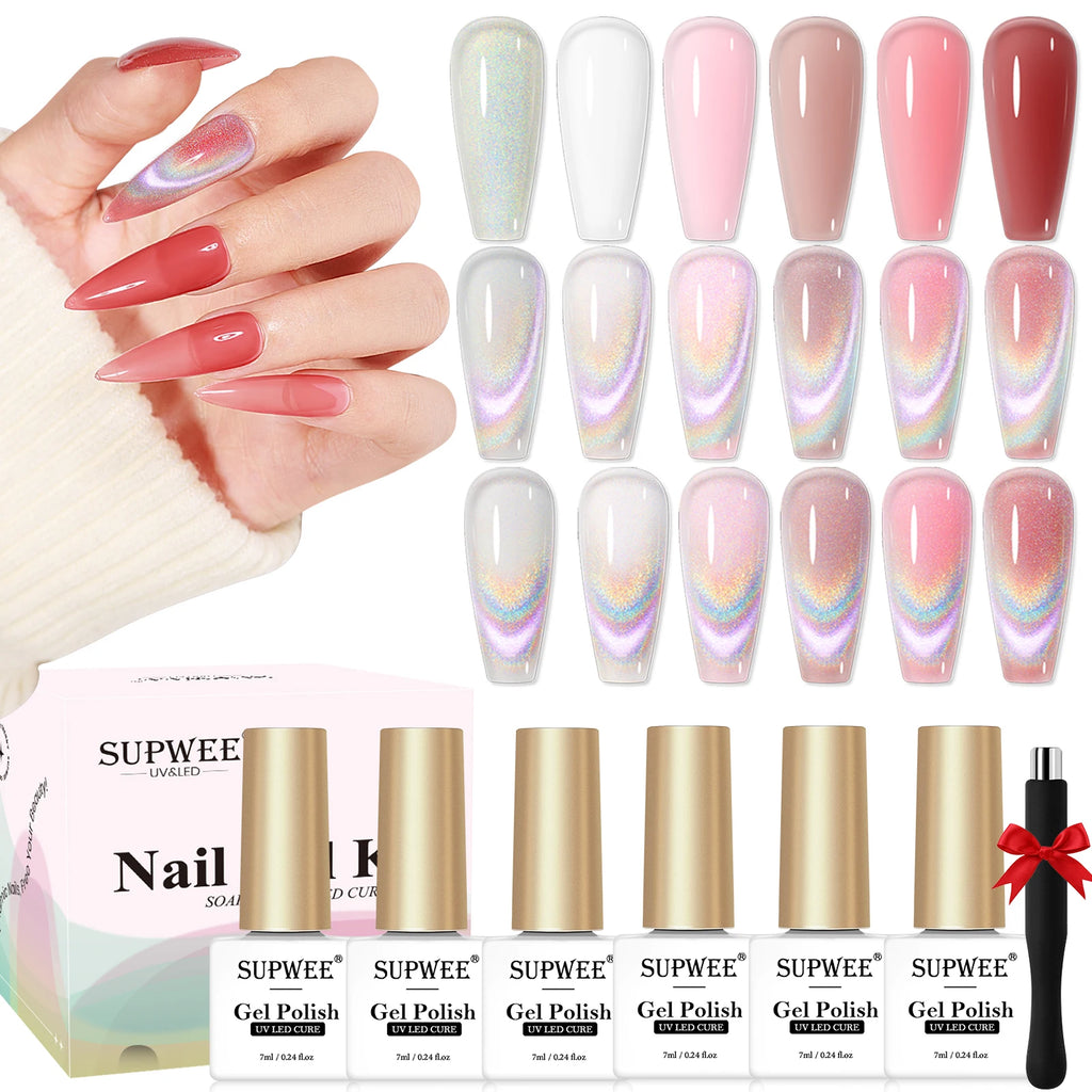 SUPWEE Cat Eye Gel Polish Set With Magnet, Translucent Red Pink Jelly Gel Polish, Universal Rainbow Cat Eye Gel Manicure Set
