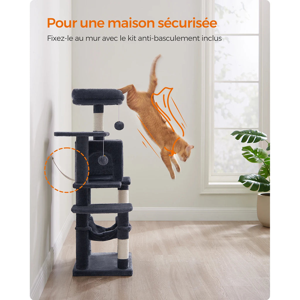 Feandrea Cat Tree, 112 cm Cat Tower for Indoor Cats, Multi-Level Plush Cat Condo with 4 Scratching Posts, 2 Perches, Cave