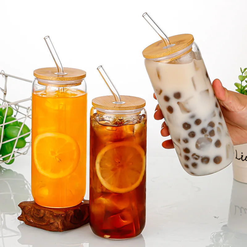 450/550ml Glass Cup with Wooden Lid and Straw Travel Transparent Bubble Tea Cup Milk Beer Can Cocktail Mug Beverage Glassware