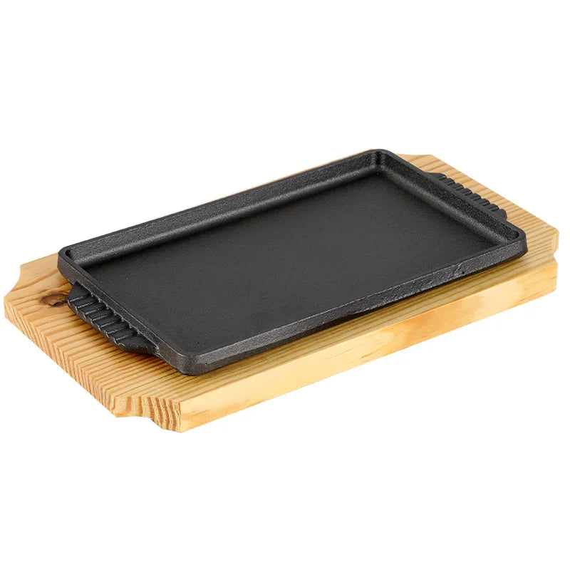 Cast Iron Rectangle Shape Restaurant Barbecue Plate Steak Sizzling Hot Pan Plate with Wooden Base Teppanyaki Grilled Fish Tray