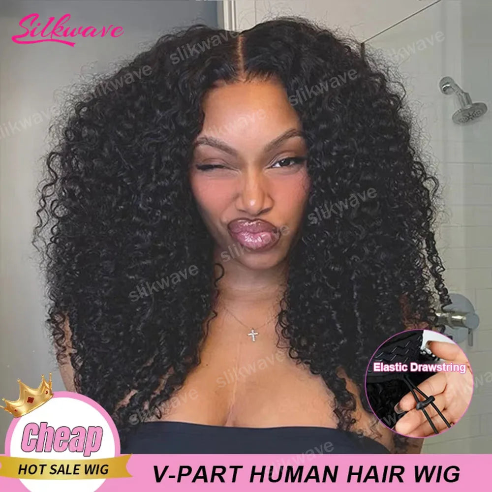 200% Drawstring V Part Wig Burmese Curly 100% Human Hair No Leave Out Thin Part Beginner Friendly Glueless Wear Go Wig For Women