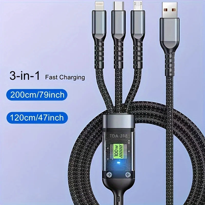 100W 3 In 1 MFi Transparent Pilot Lamp Super Fast Charging Cable 6A Universal with Type C Usb Micro for Samsung Huawei  Iphone