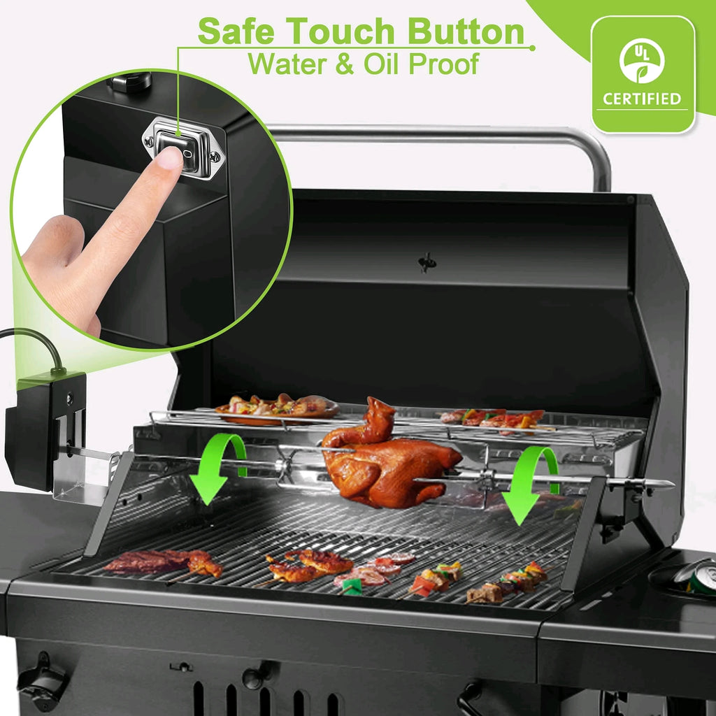 Rotisserie Grill Kit Automatic Rotating Motor 4W 2.5rpm/min 15kg Load Bearing Stainless-Steel Heavy-Duty Rotisserie Kit