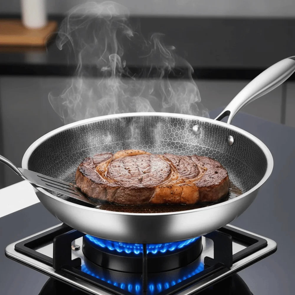 26/28/30cm Stainless Steel Frying Pan Durable Non-coated Surface Honeycomb Stir-Fry Pan Thickened Base Multi-functional