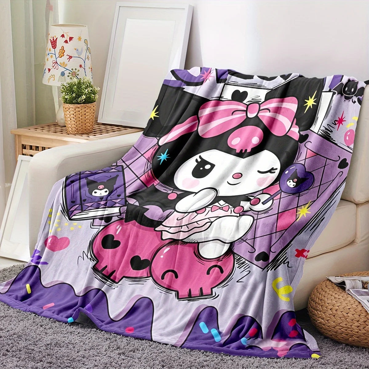 1 Purple Kuromi Flannel Blanket 2D Single Print Soft Fluffy Warm Couch Bed Living Room Bedroom Home Decor Gift Daily Use Blanket