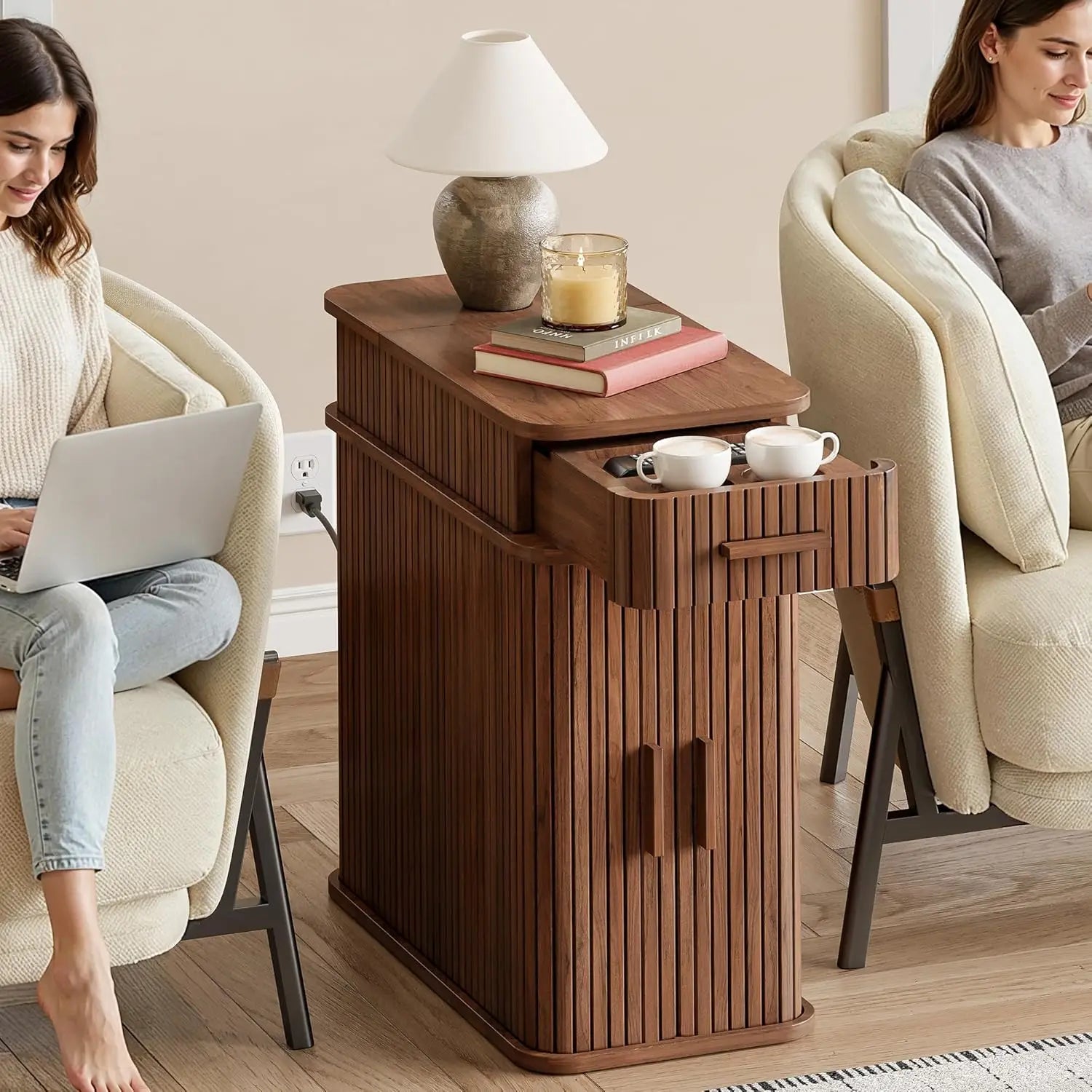 Fluted End Table with Charging Station, Narrow Side Table with Drawers, Wood Skinny Nightstand with Storage,, Customized