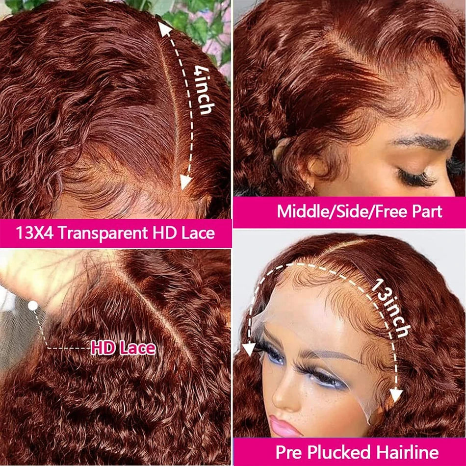 Reddish Brown HD Lace Frontal Human Hair Wig 200 Density Colored Curly Wigs 13x6 Transparent Lace Water Deep Wave Frontal Wig