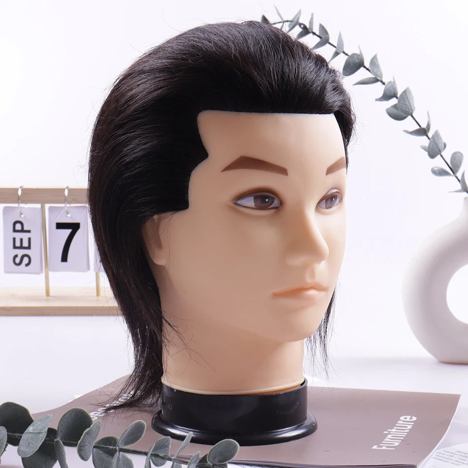Male 100% Human Hair Mannequin Head Wig Stand With Tripod For Hairdressers Salon Hairdressing Male Training Heads Manikin Doll