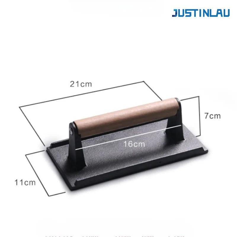 JUSTINLAU Cast Iron Uncoated Square Circular Meat Press Solid Wood Handle, Hamburger Patty Maker Barbecue Fried Meat Press Tool