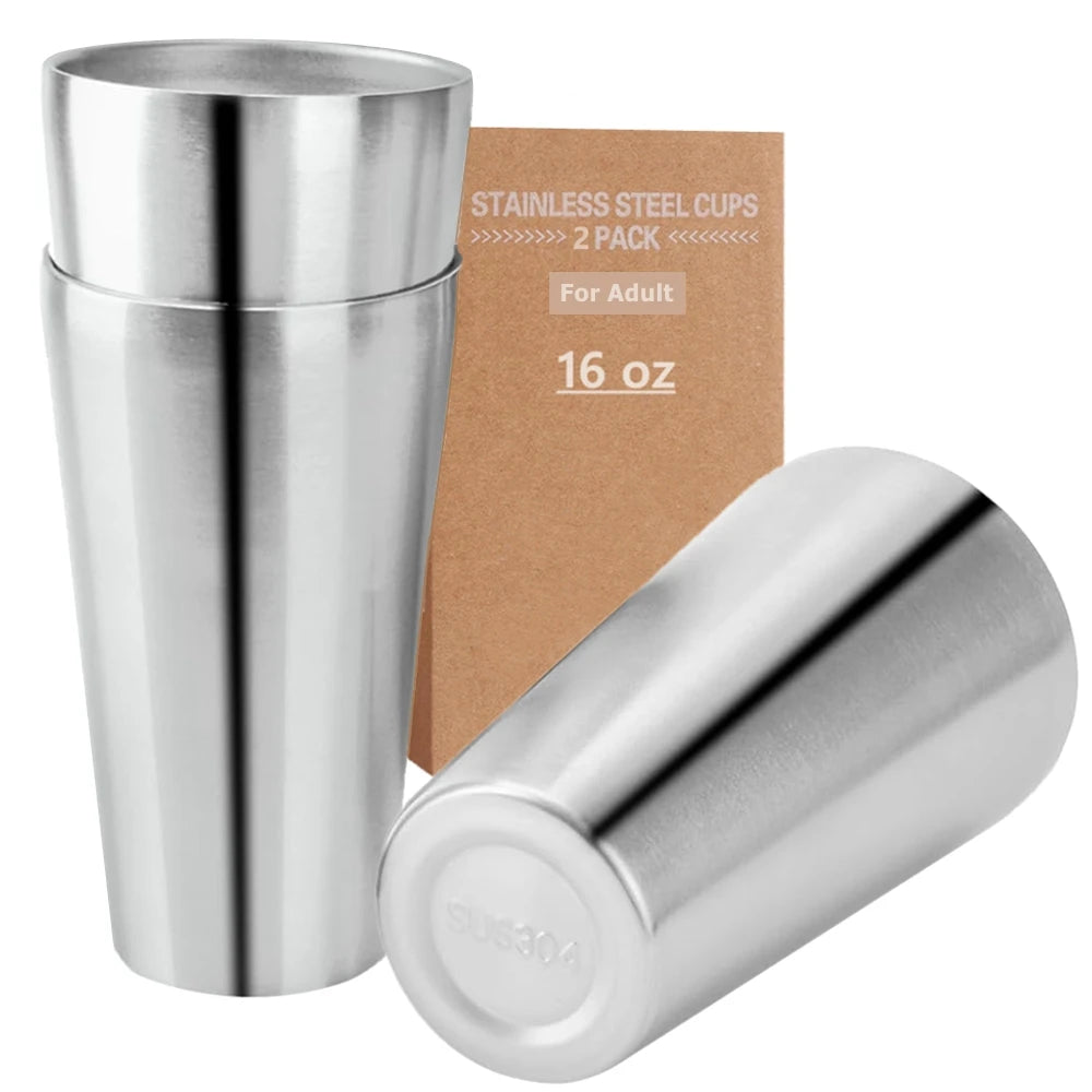 2 Pack Stainless Steel Cups 16oz Tumbler Stackable Double Wall Insulated Metal Drinking Glasses Home Office Party Camping