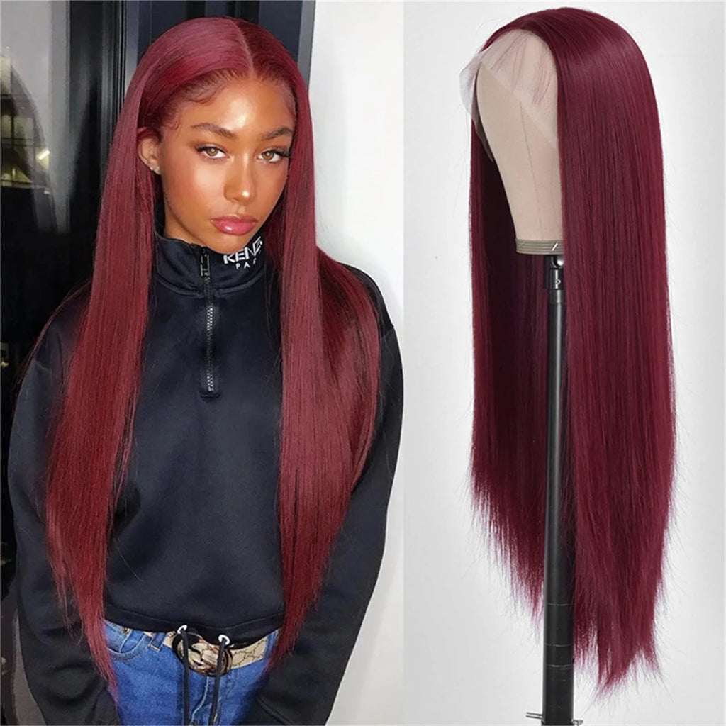 27 Inch Long Burgundy Synthetic Wigs Women'S Long Straight Hair Middle Split Bangs Long Straight Hair Chemical Fiber Headgear
