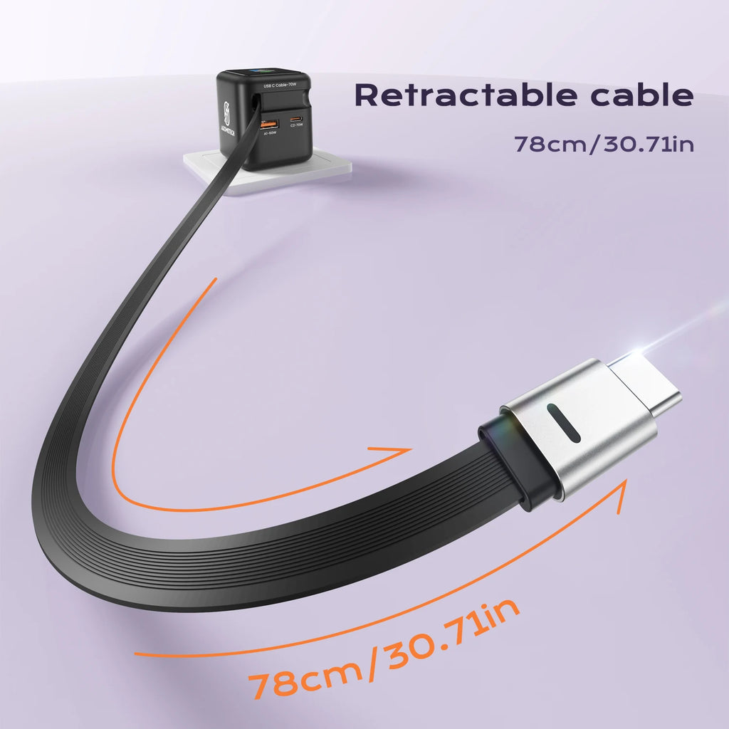 ASOMETECH 70W GaN Charger With Retractable Type C Cable 45W PD QC PPS Travel Charger for iPhone 16 Laptop Macbook Tablet Samsung