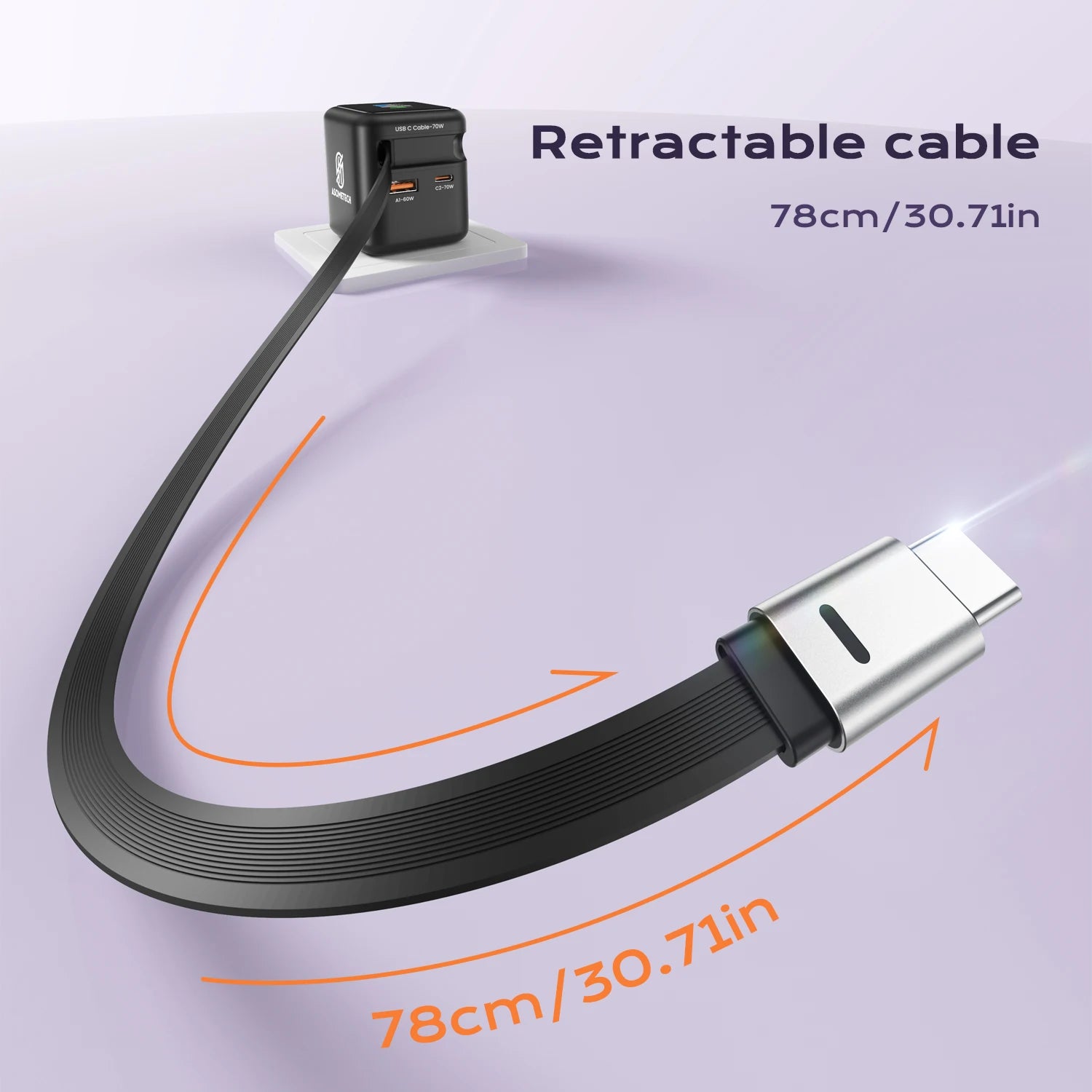 ASOMETECH 70W GaN Charger With Retractable Type C Cable 45W PD QC PPS Travel Charger for iPhone 16 Laptop Macbook Tablet Samsung