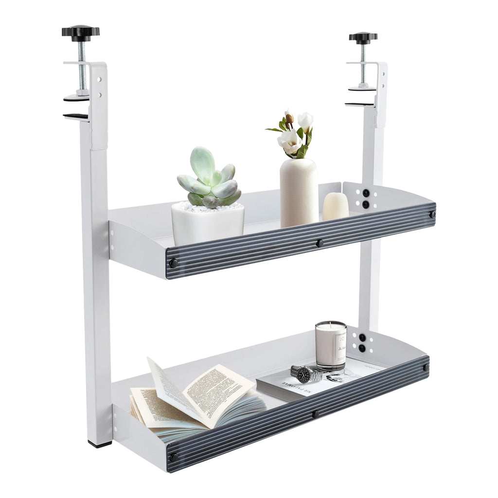 Clamp-on Desk Shelf, 2-Tier, Above or Under Table Corner Shelves Metal Organizer, White