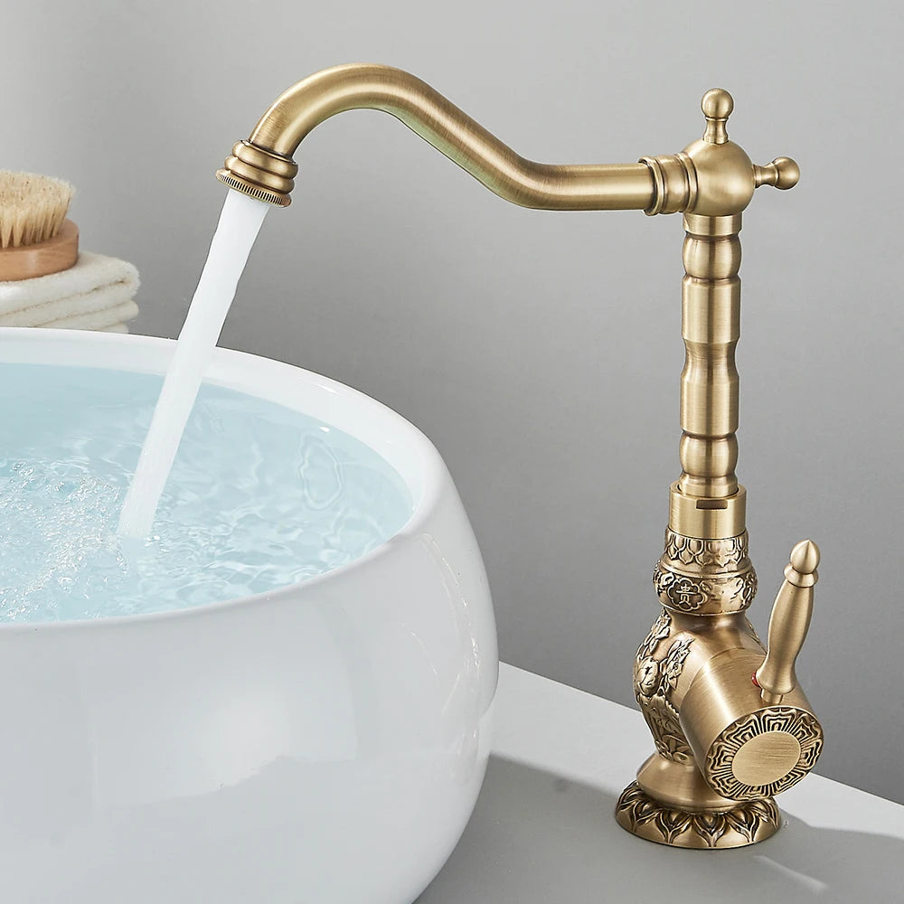 Basin Faucets Antique Brass Faucet Basin Carving Tap Rotation Single Handle Tap Mixer Taps Bathroom Vessel Sink Faucet