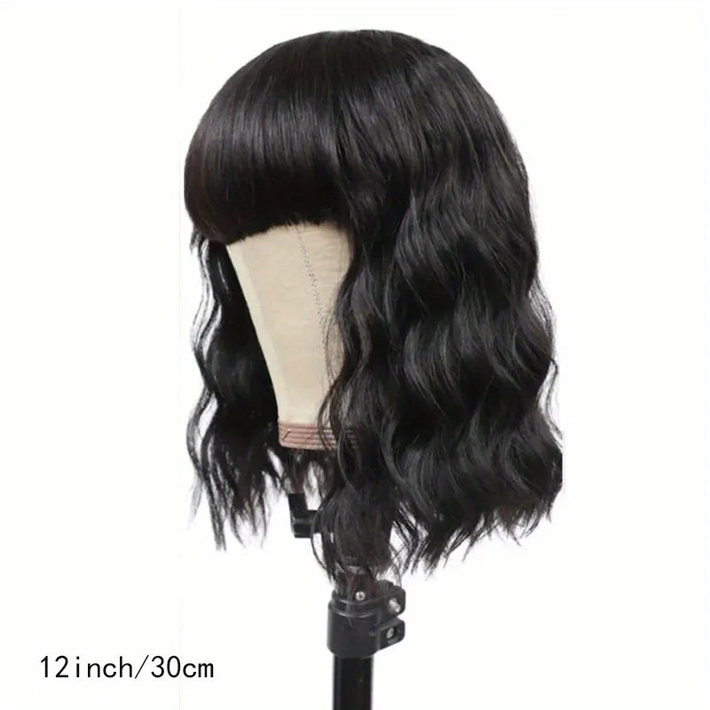 Body Wave Bob Wig With Bangs Short Full Machine Made Human Hair Wigs 220% Density Loose Body Wave Brazilian Natural Black Color