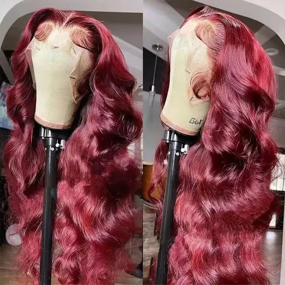 250% Density 99j burgundy 13x6 Lace Front Human Hair Body Wave 13x4 30 36 Inch Red Colored Lace Frontal Wigs Brazilian For Women