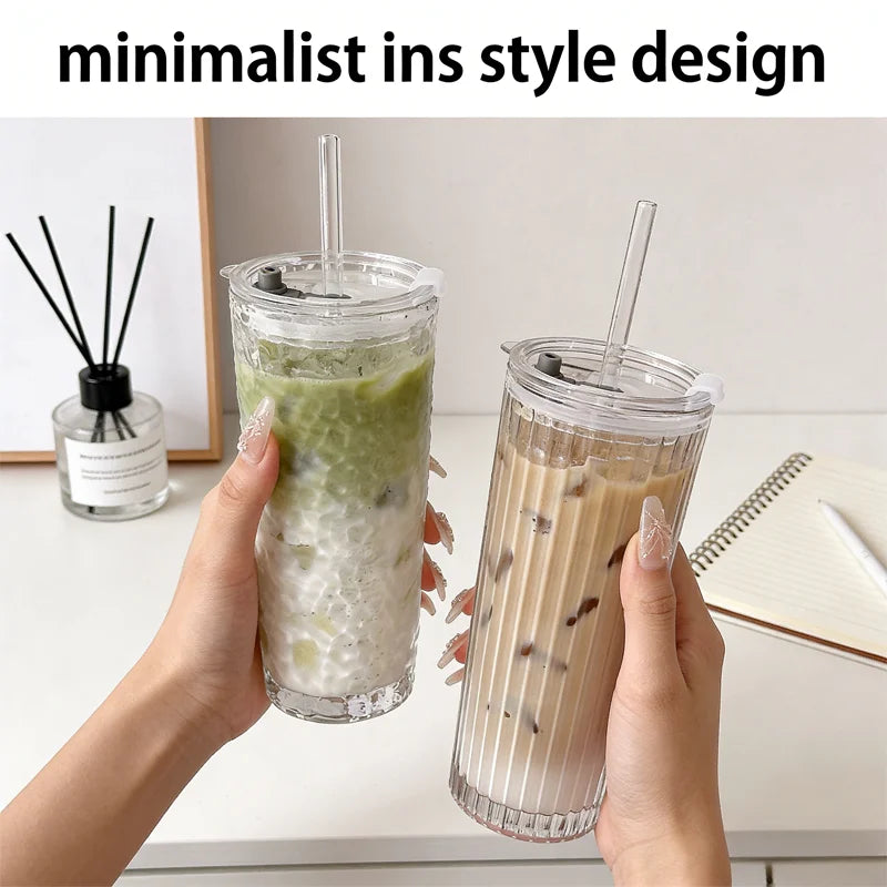 NEW Large-capacity glass cup, high appearance value, straw cup, with lid, suitable for iced Americano, latte, and juice