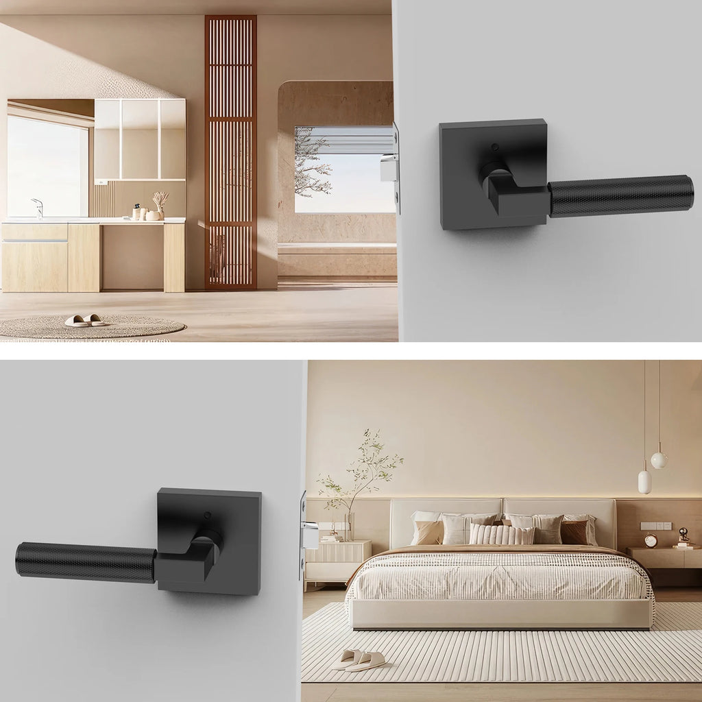 Viladepot Privacy Door Handle Rear Knurled Handle Lever Matte Black Square Base Bedroom Bathroom Door Lock Reversible