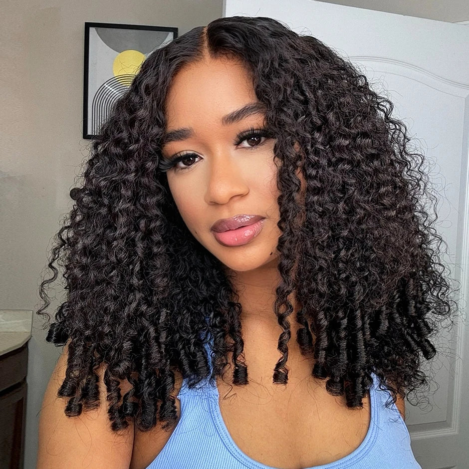 ISEE Hair Burmese Curly Half Wig Flip Over Wigs 100% Human Hair Wigs Ready To Wear Beginner Friendly Natural Glueless Wigs
