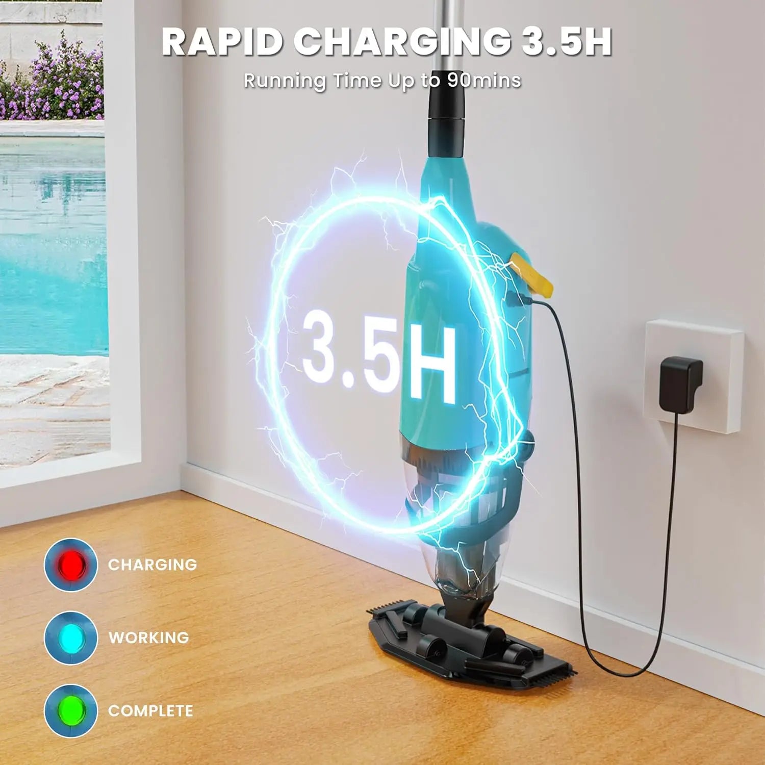 Cordless Rechargeable Pool Vacuum with 60-Min Runtime, Adjustable Pole for Sand and Debris Cleaning in Pools, Spas