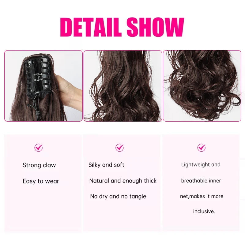 20Inch Synthetic Long Wavy Curly Ponytail Hair Extension Claw Clip in Elegant Volume Fulffy Hairpiece for Women