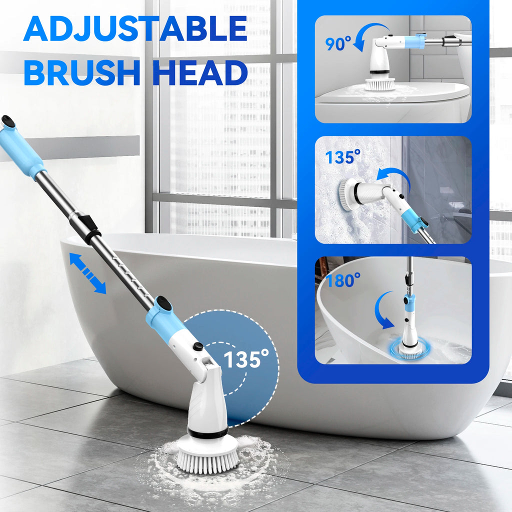 450RPM Electric Spin Scrubber Cordless Shower Cleaning Brush with 5 Replaceable Brushes Adjustable Extension Handle for Bathroom