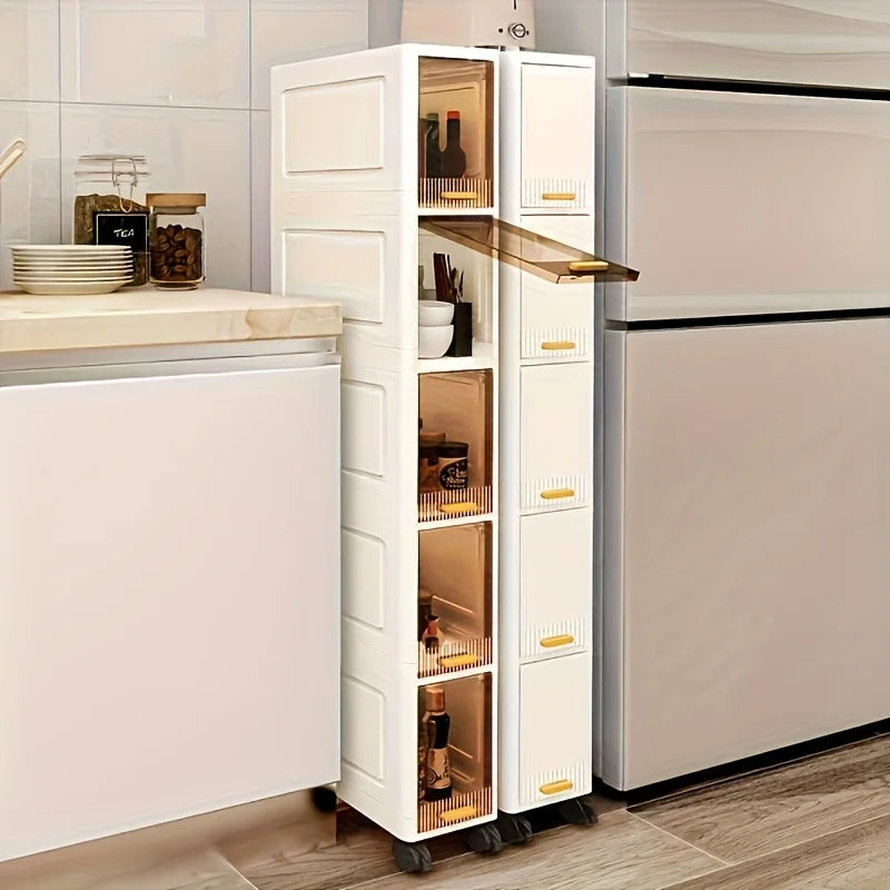 Swivel Wheel Mobile Kitchen Storage Rack - Waterproof & Dustproof, Space-saving Shelf Cabinet for Spices/Books/Toys/Snacks