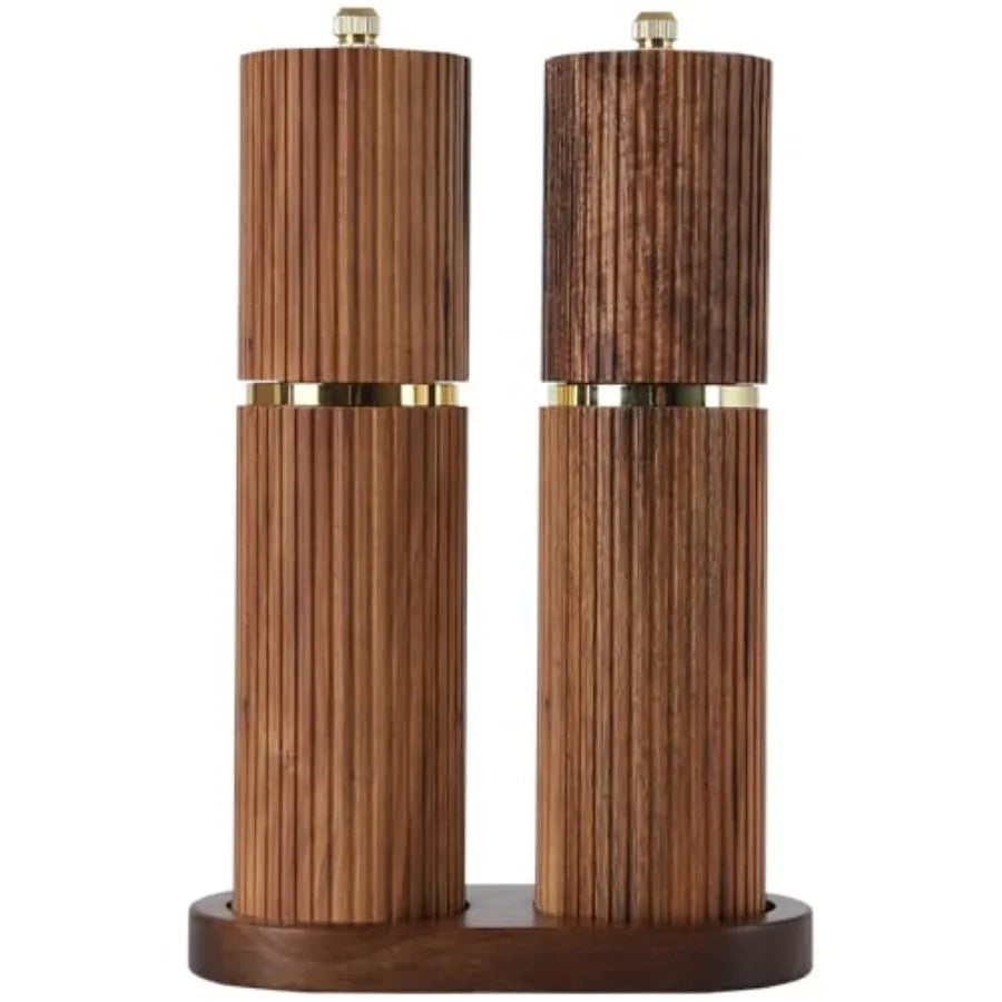 Refillable Wooden Salt and Pepper Grinder Set with Adjustable Coarseness Acacia Wood Pepper Mill Manual Matching Wooden Tray Bl