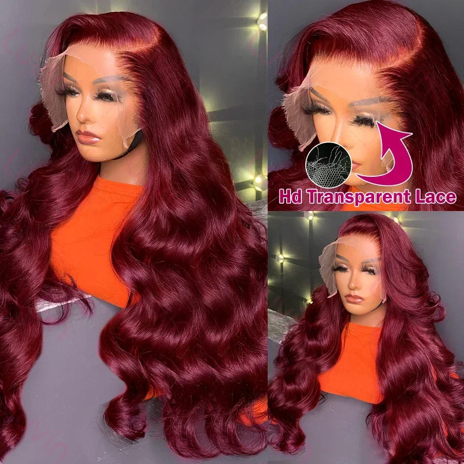 99j Burgundy 13x6 HD Lace Frontal Human Hair Wig 30 40 Inch Body Wave Lace Front Wigs 250 Density Red Colored Pre Plucked Wig