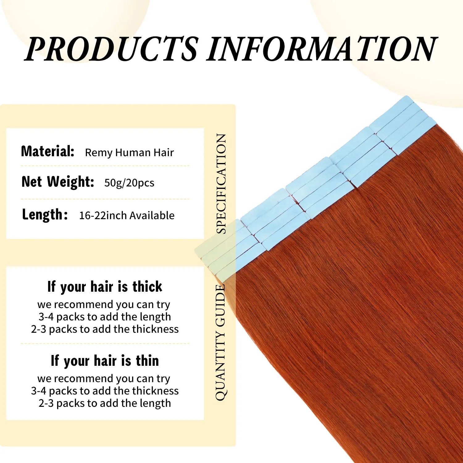 Doreen Copper Red Tape In Human Hair Extensions 16 to 24 Inch 50g/set PU Seamless Skin Weft 350# Colored Hair Extensions Tape in
