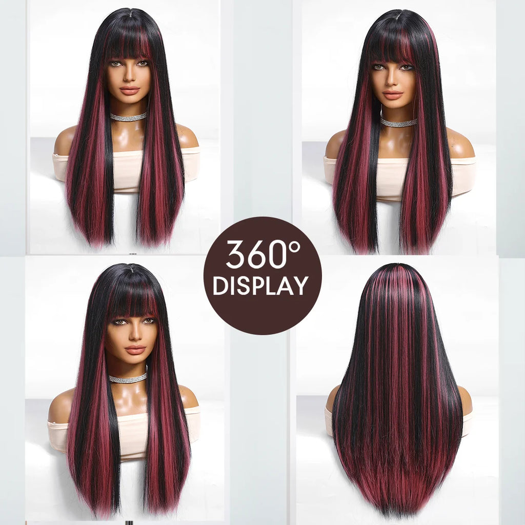 Black Highlight Pink Synthetic Wig with Bangs Long Straight Black Highlight Red Wig For Women Cosplay Party Christmas Wig 26inch
