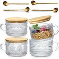 4pcs/Set Vintage Coffee Mugs Containers with Bamboo Lids and Spoons 14oz Clear Embossed Glass Cups for Birthday Christmas Party