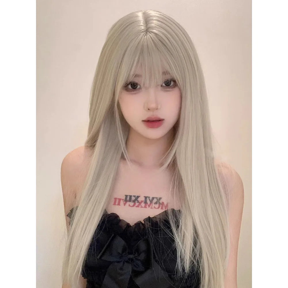 Long Silky Straight Synthetic Wigs with Bangs Beige Gold Cosplay Party Lolita Hair Wigs for Women Natural Heat Resistant Wig