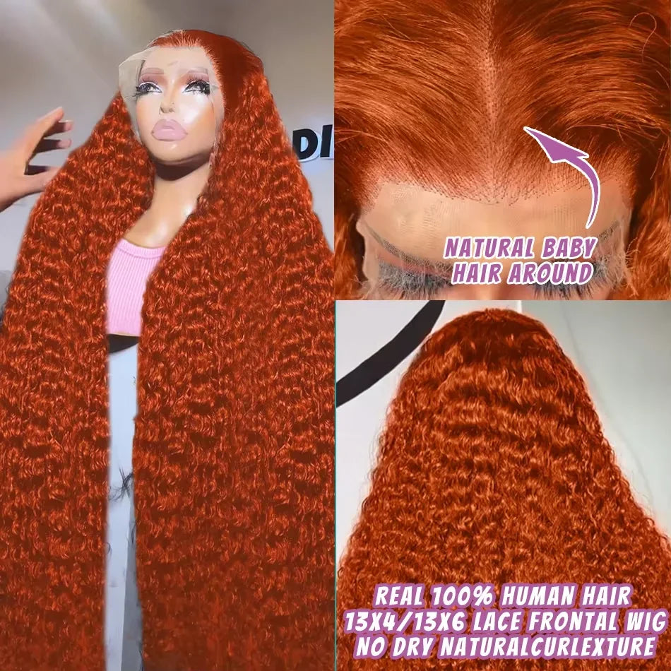 SIXQUEEN 30 34 Inch Ginger Orange Deep Wave 13x6 Lace Frontal Wig Human Hair Curly 350 Colored 13x4 Lace Front Wigs 260 Density