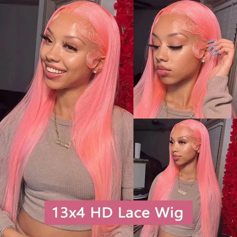 180% Density Straight Human Hair Wigs Pink Straight HD Lace Frontal Wig 13x6 Pre Plucked Hairline Brazilian Human Hair 36 Inch