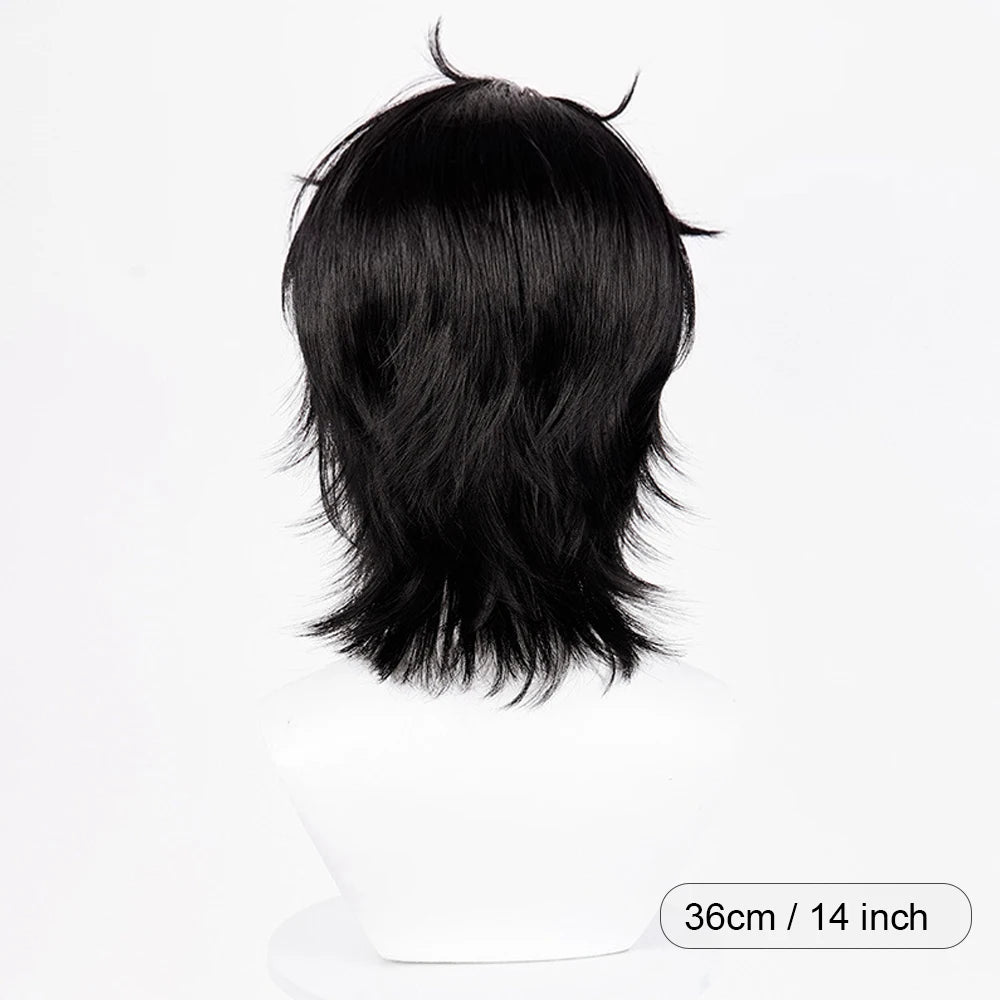 Short Straight Black Fluffy Synthetic Wig Anime Game Cosplay Men Heat Resistant Wig for Daily Party