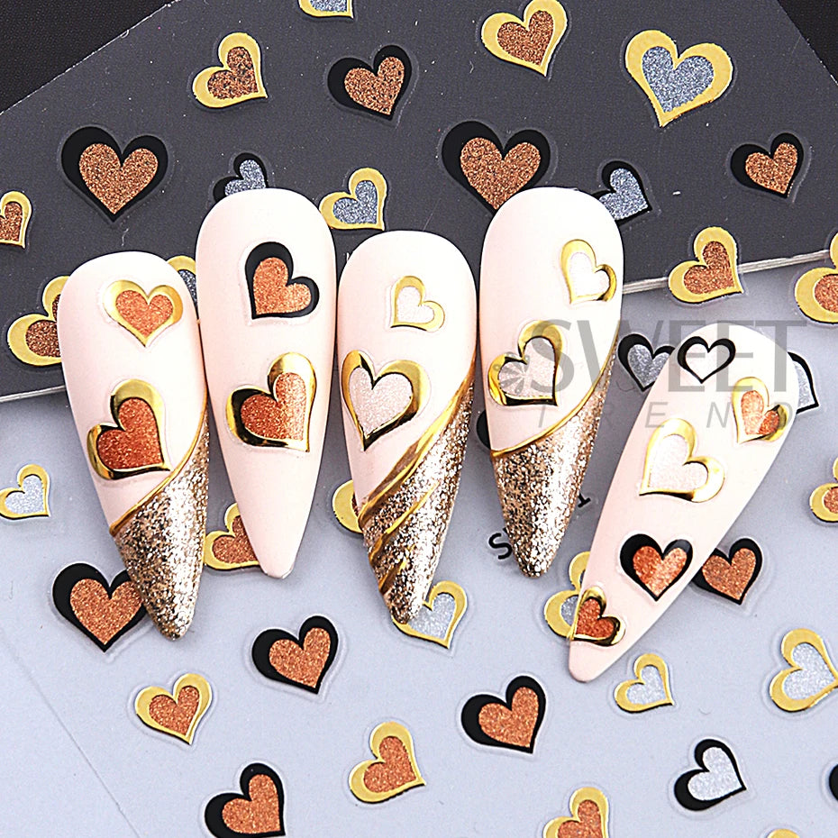2pcs/set Golden Love Heart Nail Art Stickers 3D Valentine's Day Heart Self-adhesive Nail Supplies Slider Manicure Decorations