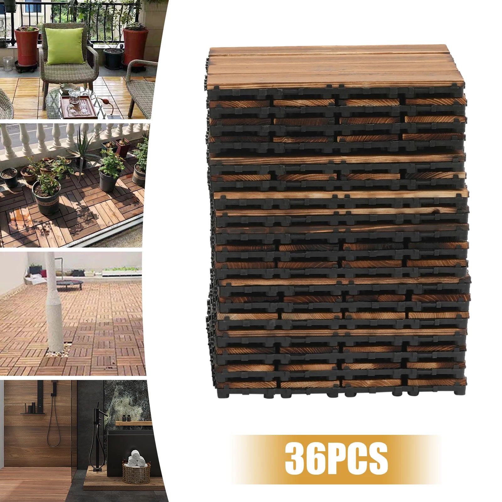 36Pcs/Set 30x30cm Wooden Balcony Patio Tiles, Indoor Outdoor Interlocking Non-slip Waterproof Flooring Deck Tile Pavers Brown